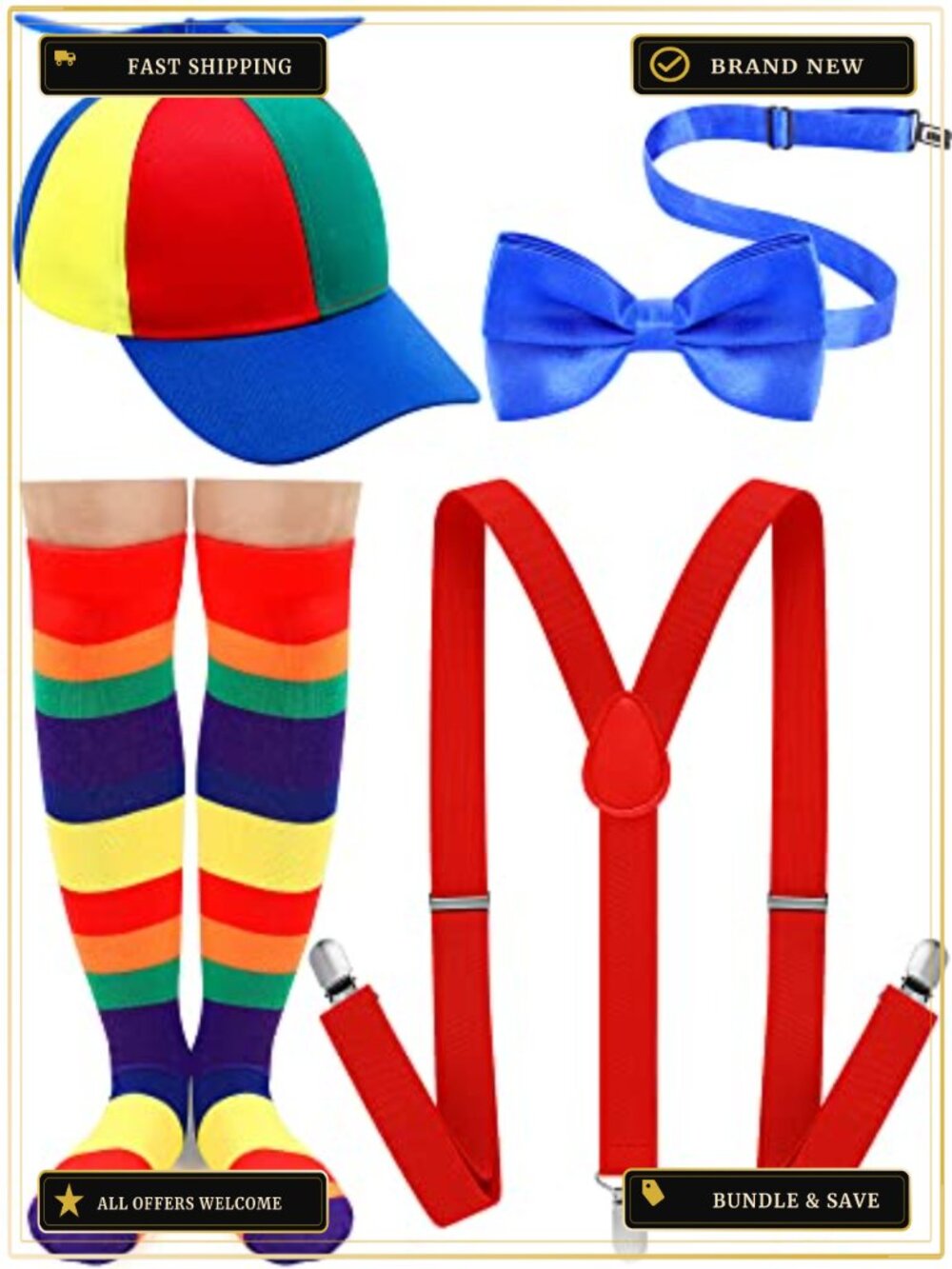 4 Pc Propeller Hat Suspenders Bow Tie Socks Costume Set Adult